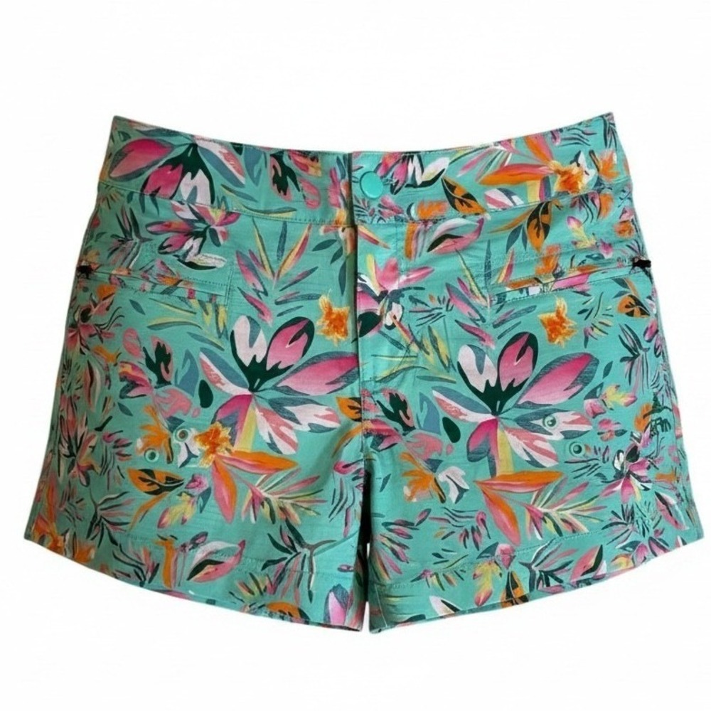 5Fin Womens Teal Tropical Floral Ripstop Board Shorts Size 8 Zipper Pockets